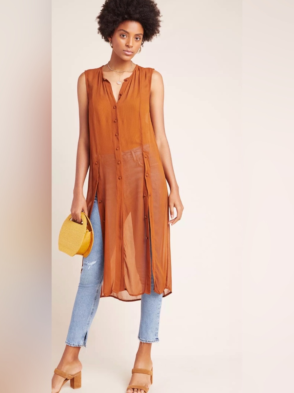 Maeve by Anthropologie Merriweather Sleeveless Sheer Button Long Tunic